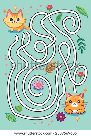 A cartoon cat and a flower maze game for kids