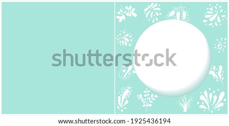 Card template with white circle and floral elements on tiffany blue background. Hand-drawn branches and twigs with heart. Vector template for wedding, invitation, women's day, birthday card