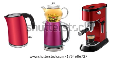 Vector illustration set of red coffee machine with cup of coffee, red kettle and traditional Turkish kettle with teapot isolated on white background