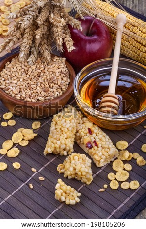 A fruit and nut cereal protein bars with honey and cornflakes