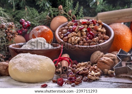 dough preparation for the holiday sweets in winter decor