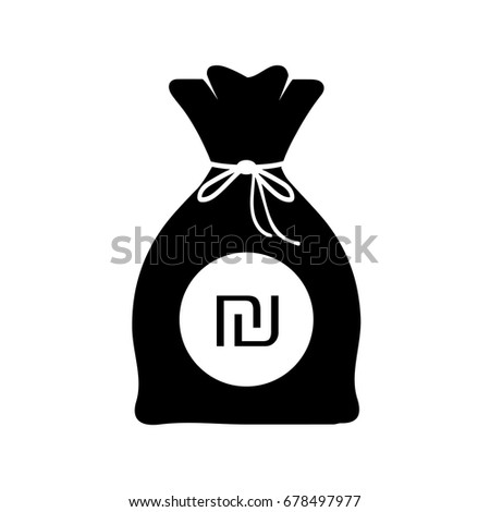 Bag of money with  Israeli new shekel logo in black and white icon, Israel Currency sign isolated on white background