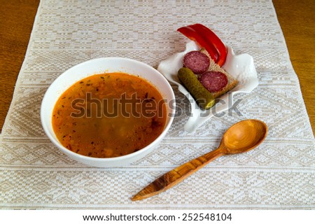 Rassolnik - soup with pickles and barley, traditional russian dish