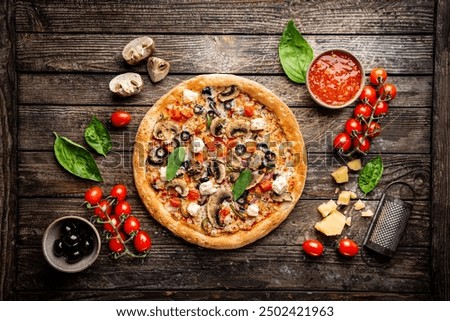 Similar – Image, Stock Photo Pizza with toppings in a hot stone oven