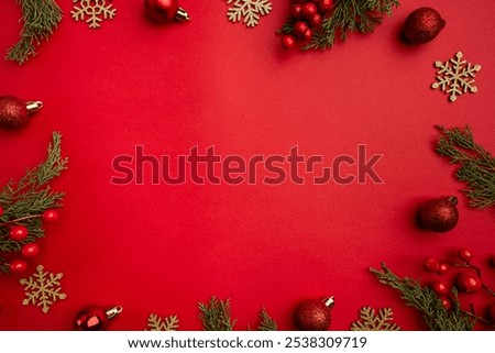 Similar – Image, Stock Photo Christmas background. Red table cloth with town of cute gingerbread houses decorated with icing, Christmas lights, glitter. Holiday mood.