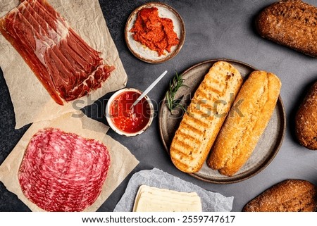 Assorted ham slices in plate served on table during breakfast
