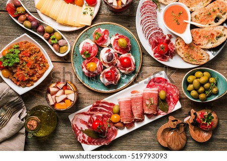 spanish tapas and sangria on wooden table, top view Foto stock © 