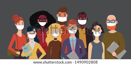 People wearing face masks, air pollution, contaminated air, world pollution. Modern flat vector illustration. Group of coworkers wearing medical masks to prevent disease, flu, gas mask.