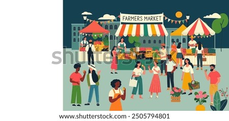 Farmers market, Bazaar, Vendors offer organic farmer production and vegetables, Local farm vegetables, Eco marketplace, Bazaar domestic produce, Flat vector illustration