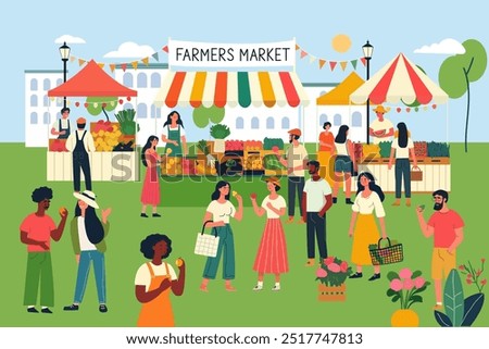 Farmers market, Bazaar, Vendors offer organic farmer production and vegetables, Local farm vegetables, Eco marketplace, Bazaar domestic produce, Flat vector illustration