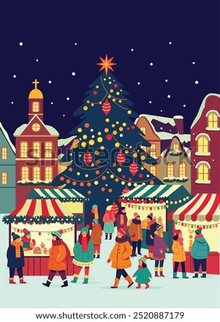 Christmas bazaar. Family, people, Sale, preparation. Outdoor celebration. New year market, Vertical composition