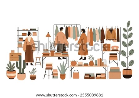 Bright and vibrant swap party concept featuring women selecting trendy clothes, shoes, and accessories at a fair. Flea market,  flat cartoon-style vector illustration.