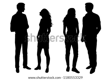 Vector silhouettes man and woman, couple,  business people, group , standing,  black color, isolated on white background