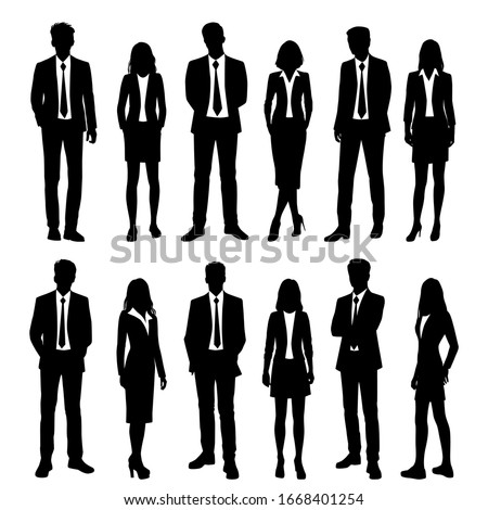 Vector silhouettes of  men and a women, a group of standing  business people, black and white color isolated on white background