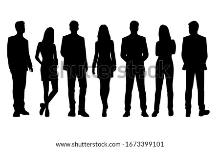 Set of vector silhouettes of  men and a women, a group of standing  business people, black color isolated on white background