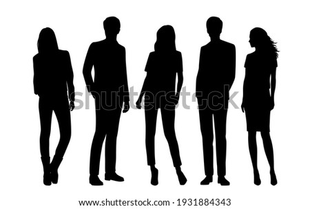 Vector silhouettes of  men and a women, a group of standing  business people, black  color isolated on white background