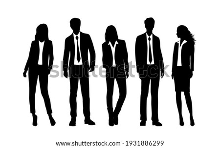 Vector silhouettes of  men and a women, a group of standing  business people, black  color isolated on white background