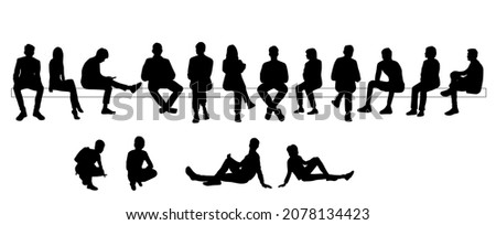 Vector silhouettes of  men, women and teenagers, a group of sitting on a bench  business people, profile, black  color isolated on white background