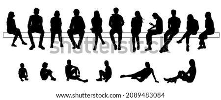 Vector silhouettes of  men, women, teenagers and child, a group of sitting on a bench  business people, profile, black  color isolated on white background