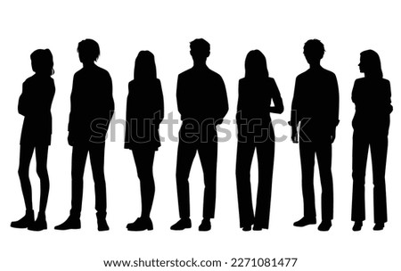 Vector silhouettes of  men and a women, a group of standing  business people, black color isolated on white background