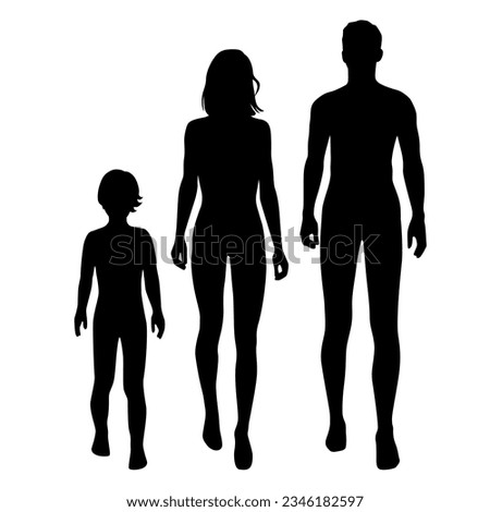 Vector silhouettes of a family, a man, a woman and a child, figures of people walking, black color, isolated on a white background