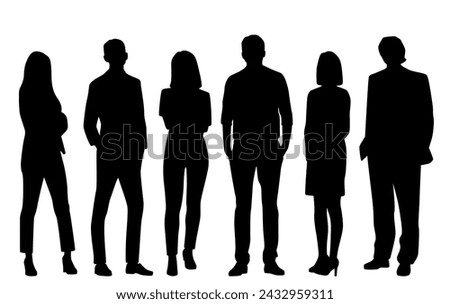 Vector silhouettes of  men and a women, a group of standing   business people, profile, black  color isolated on white background