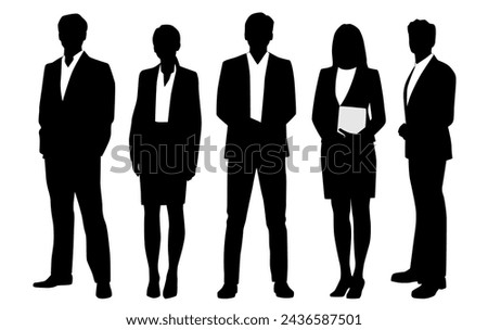 Vector silhouettes of  men and a woman, a group of standing   business people, profile, black  color isolated on white background