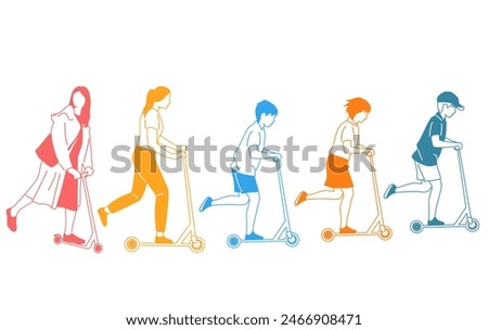 Women and teenagers riding a scooter, different colors, cartoon characters, people silhouettes, flat icon design concept, hand drawn vector illustration isolated on white background