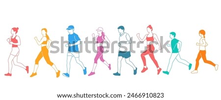 Men, women and teenagers running, different colors, cartoon characters, people silhouettes, flat icon design concept, hand drawn vector illustration isolated on white background