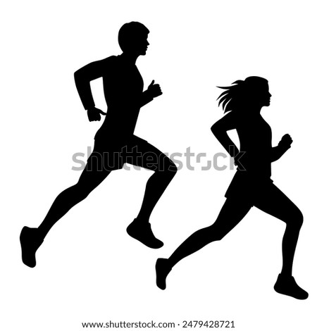 Vector silhouettes of running people, man and woman, couples of athletes, profile, black, isolated on a white background