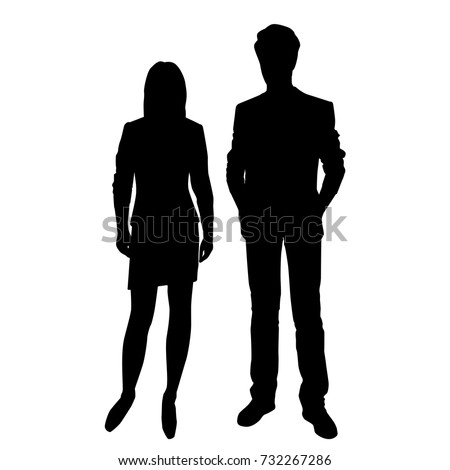 Vector silhouettes of man and woman standing, business people, couple, black color, isolated on white background