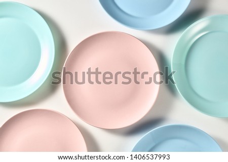 Image, Stock Photo Pastel color dishes on pink