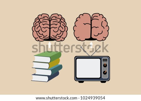 Smart brain with books and silly one with TV set. Books make you smarter and Tv make you stupid, degrades you. Books make a difference on your brain work concept. Eps vector illustration