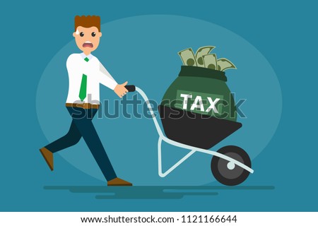 Vector character of stressed worker pushing cart with bag of tax money on blue background. Eps illustration. Man carrying mandatory financial charge or some other type of levy imposed to IRS concept