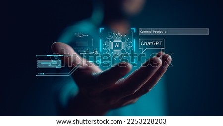 Ai tech, businessman show virtual graphic Global Internet connect Chatgpt Chat with AI, Artificial Intelligence. using command prompt for generates something, Futuristic technology transformation. Сток-фото © 