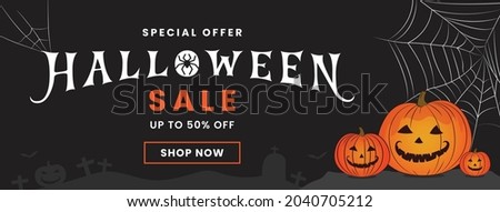 Halloween Horizontal Sale 50% off Banner. Email marketing web banner. Black background banner with Spider, spider web, pumpkin. Typography and calligraphy of Halloween. Dark black banner illustration.