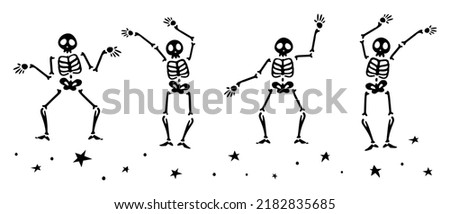 Funny Black Skeleton Silhouette Pattern Vector. Dancing Skeletons, Skull with Stars Banner. Halloween Vibes. Trick or treat, Spooky Season and Happy Halloween Party Art. Skeleton Illustration. ストックフォト © 