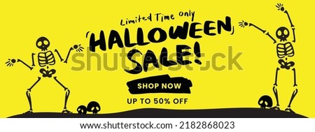 Fun Halloween Horizontal Sale 50% off, Shop Now Banner. Limited Time only Email marketing web banner. Skeleton, Skull, pumpkin, Bat. Hand Lettering, calligraphy Halloween. Yellow banner illustration.