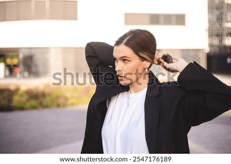 Similar – Image, Stock Photo Woman fixing hair near mirror in restroom