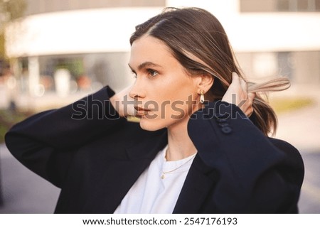 Similar – Image, Stock Photo Woman fixing hair near mirror in restroom