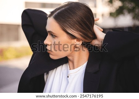 Similar – Image, Stock Photo Woman fixing hair near mirror in restroom
