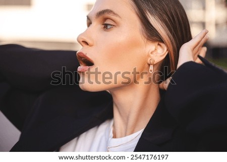 Similar – Image, Stock Photo Woman fixing hair near mirror in restroom