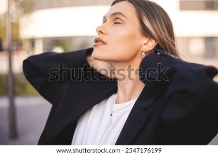 Similar – Image, Stock Photo Woman fixing hair near mirror in restroom
