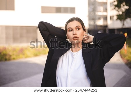 Similar – Image, Stock Photo Woman fixing hair near mirror in restroom