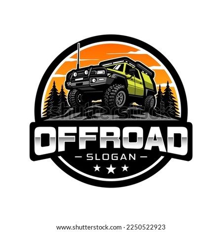 Green offroad car logo vector illustration. With the background of sunset and pine trees. Perfect for logos, posters, stickers and t-shirts.