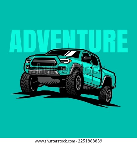Illustration of a green 4x4 pickup truck, going off-road on an uphill road. With a green background and writing adventure. Perfect for use as posters, banners, t-shirts and logos.