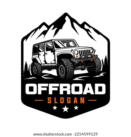 White off-road car logo vector illustration. With views of mountains and pine trees, across rocky terrain. Perfect for logos, posters, stickers and t-shirts.