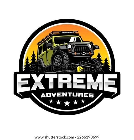 Green offroad car logo vector illustration. Against the background of sunset and pine trees, there is extreme adventure writing. Perfect for logos, posters, stickers, and t-shirts.