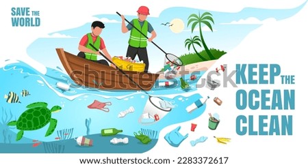 flat illustration of two men on a small boat picking up trash at sea