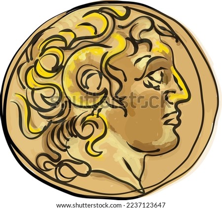 A typical representation of the gold coin of Alexander the Great, with his head on the coin of Lysimachus in 321-281 B.C., vintage line drawing or engraving illustration